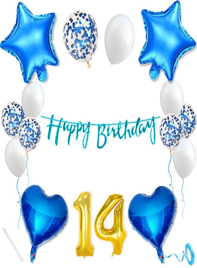 Flyloons 14th Happy Birthday Decoration Kit Blue White for Fourteen Year Old Boys Girls Kids Princess Men Women With 10 Pcs Confetti Balloons Birthday Banner 4 Pcs Star Heart Items Set - Image 1